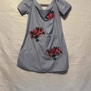 Striped Blue and Pink Floral off shoulder Dress
